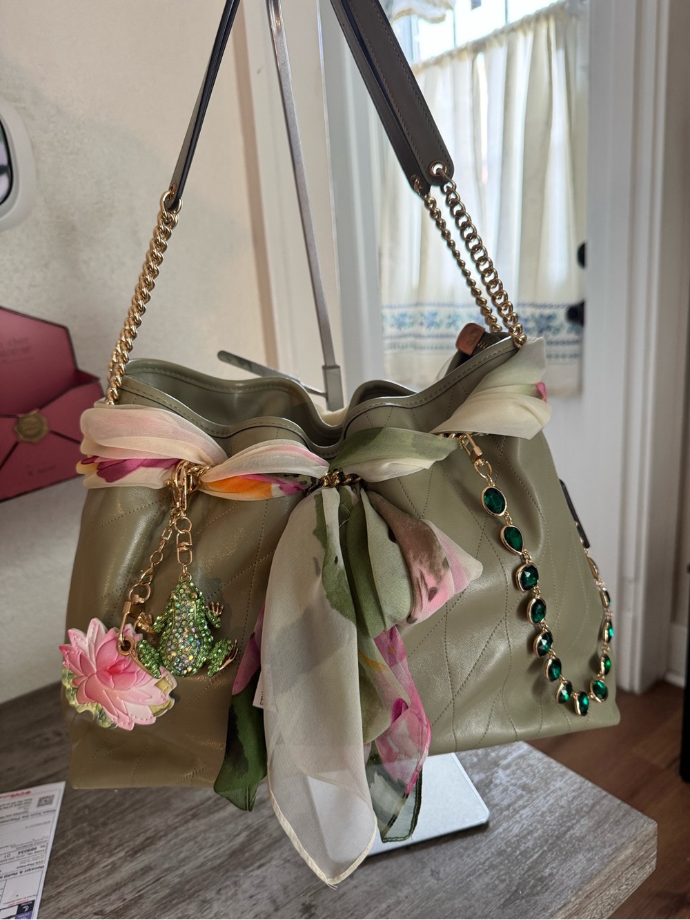 Coach Evelyn pistachio Quilted Shoulder Bag with Floral Scarf and Jewel Charms
